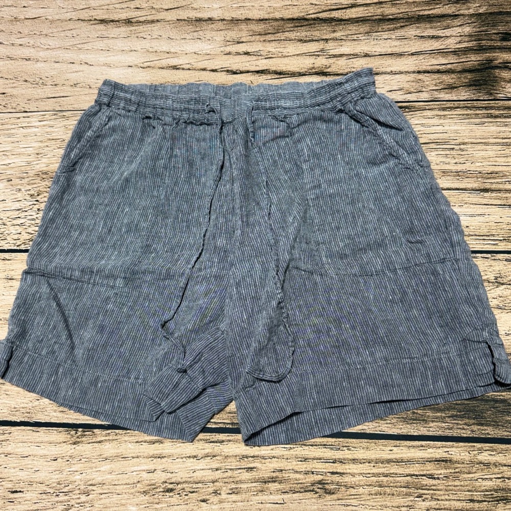 Poetry Linen Shorts Women 8 Blue Pinstripe Drawstring Summer Casual V753